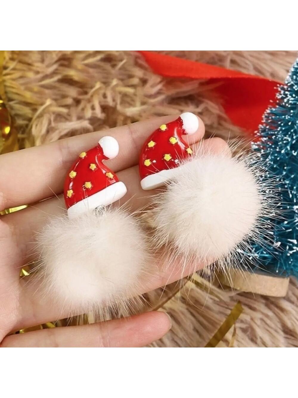 Santa Claus White Fur Drop Earrings 1-CC-07